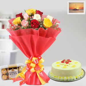 Mix Roses Bunch & Rocher With Cake